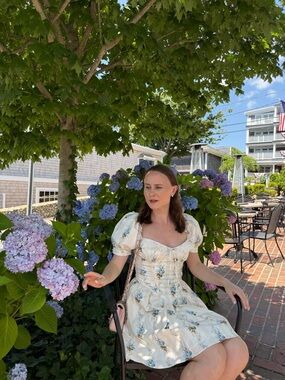House of CB Floral Puff-Sleeve Sundress in Cream and Blue